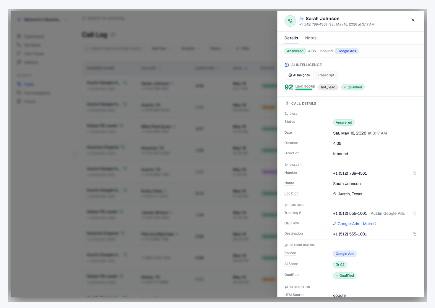 Call detail sheet with AI Insights tab showing summary, lead score, key moments, and full transcript