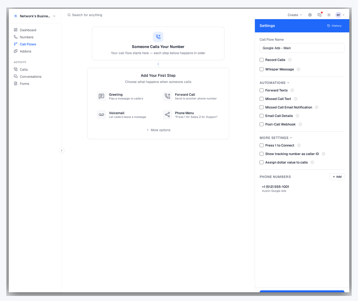 Call flow settings panel with Record Calls, Whisper Message, Automations, and assigned tracking number
