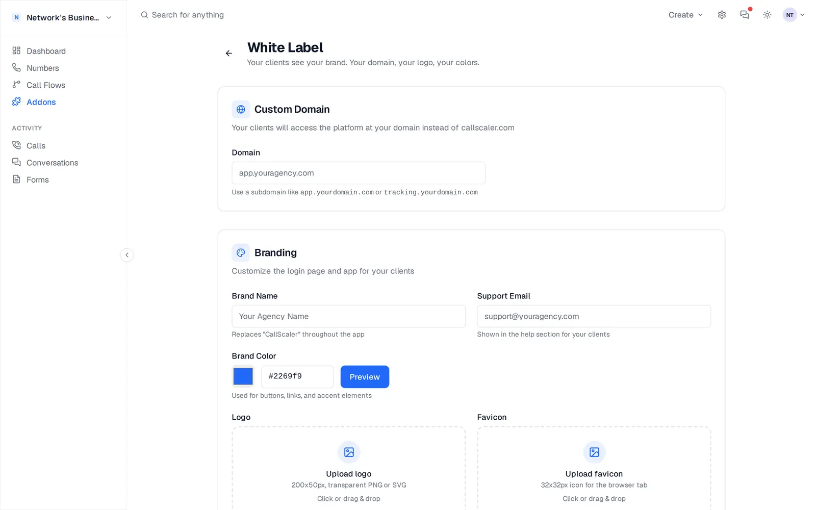 White label setup card with Custom Domain input ready for app.youragency.com plus branding fields