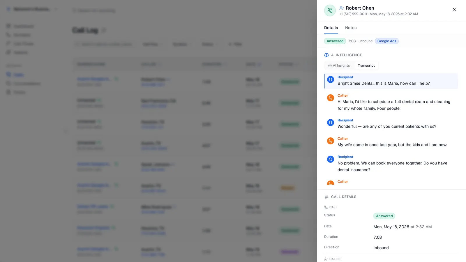 Call detail Transcript tab with caller and agent labels, timestamps, and click-to-seek playback