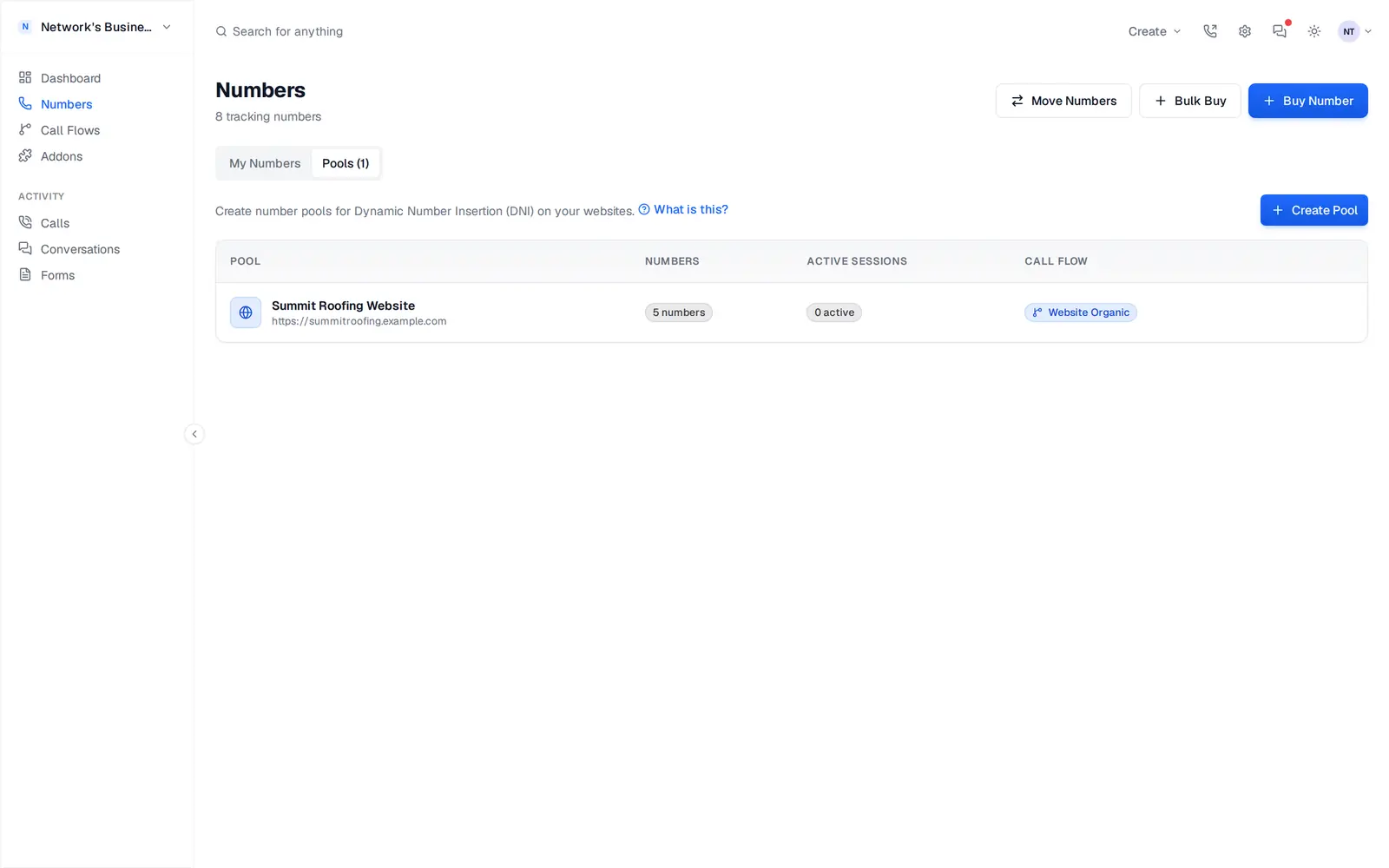 Number pool with 3 tracking numbers swap-ready for dynamic number insertion on a website