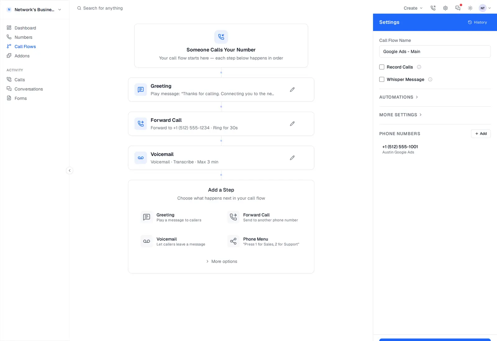 Call flow editor with Greeting, Forward, and Voicemail steps wired to a tracking number