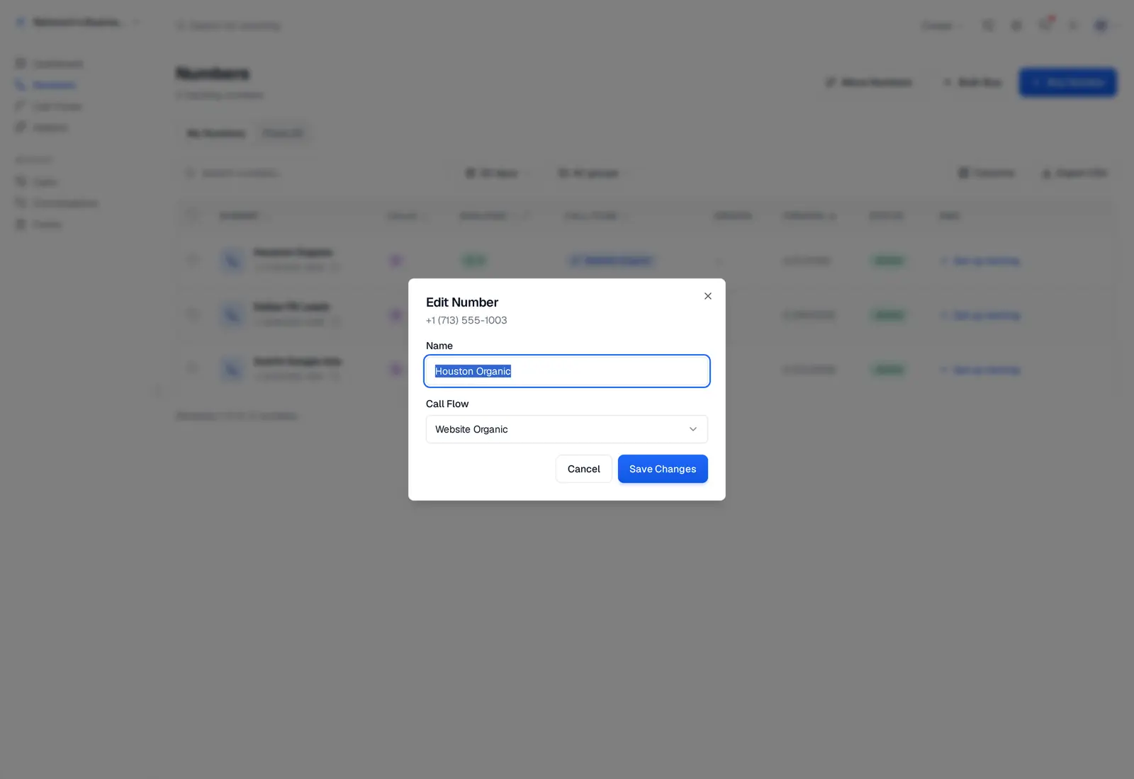 Edit Number dialog with name and Call Flow fields — two inputs to source-tag a tracking number