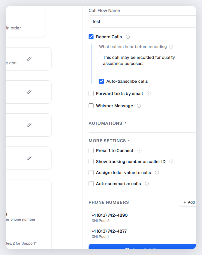 How call flows connect to tracking numbers